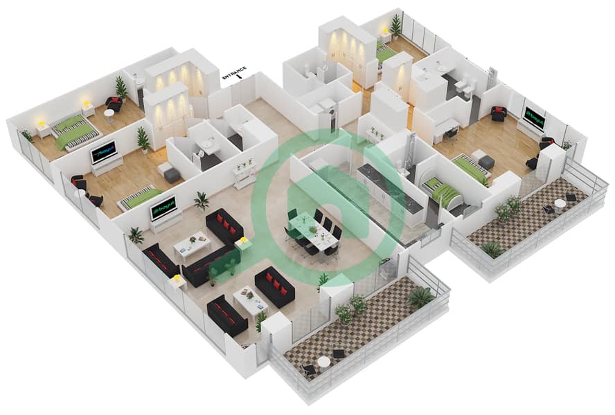 المخططات الطابقية لتصميم النموذج 5 FLOOR 35-36 شقة 4 غرف نوم - مدى ريزيدنس interactive3D