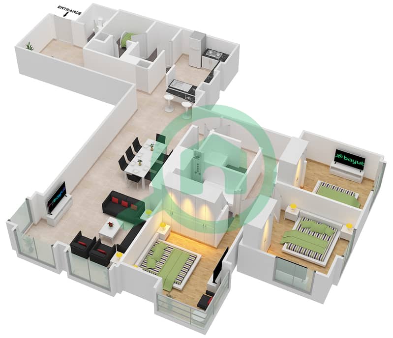 Al Anbar Tower - 3 Bedroom Apartment Unit 4 / FLOOR 1 Floor plan interactive3D