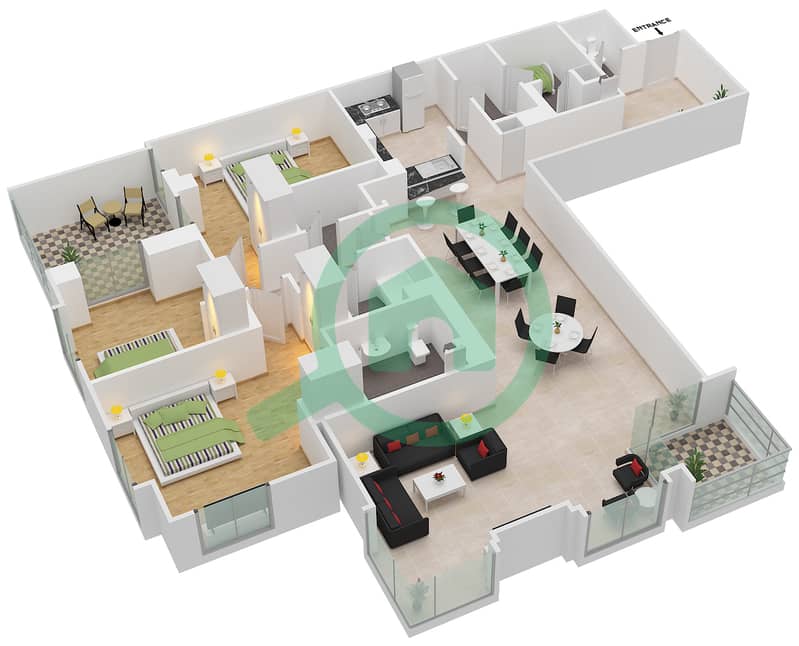 المخططات الطابقية لتصميم الوحدة 3 / FLOOR 2 شقة 3 غرف نوم - برج العنبر interactive3D