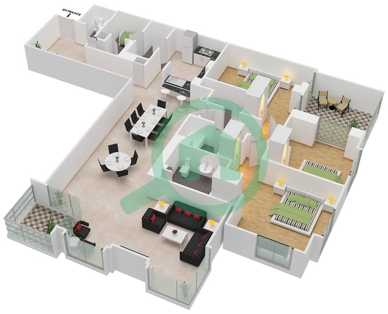المخططات الطابقية لتصميم الوحدة 4 / FLOOR 2 شقة 3 غرف نوم - برج العنبر interactive3D