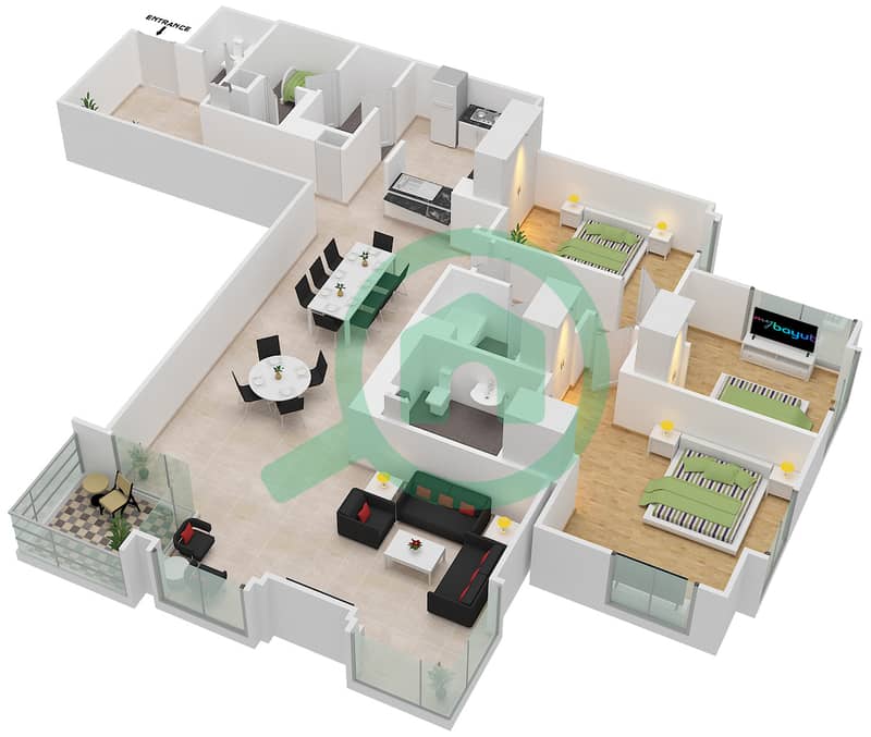 المخططات الطابقية لتصميم الوحدة 4 / FLOOR 3-7 شقة 3 غرف نوم - برج العنبر interactive3D