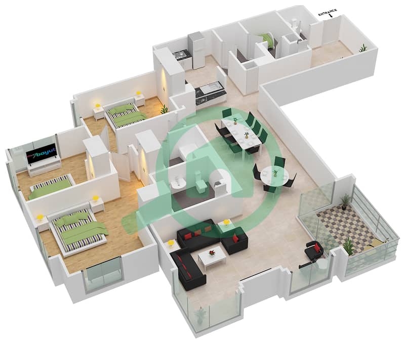 Al Anbar Tower - 3 Bedroom Apartment Unit 3 / FLOOR 8-11 Floor plan interactive3D