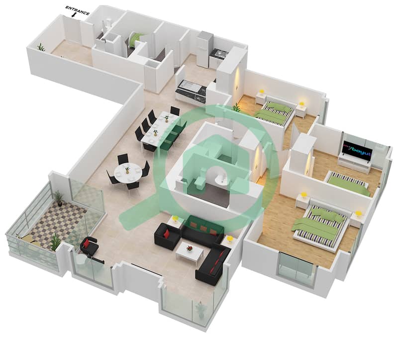 Тауэр Аль Анбар - Апартамент 3 Cпальни планировка Единица измерения 4 / FLOOR 8-11 interactive3D
