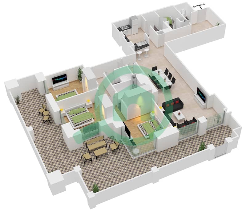 Al Anbar Tower - 3 Bedroom Apartment Unit 3 / GROUND FLOOR Floor plan interactive3D
