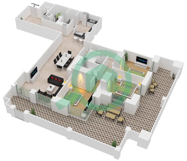 Al Anbar Tower - 3 Bedroom Apartment Unit 4 / GROUND FLOOR Floor plan interactive3D