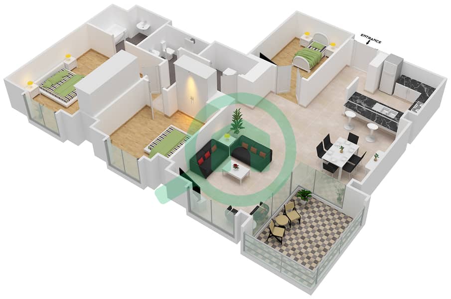 المخططات الطابقية لتصميم الوحدة 2 / FLOOR 8-11 شقة 3 غرف نوم - برج العنبر interactive3D