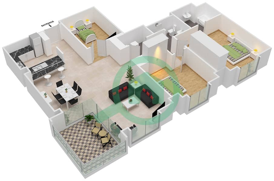 Тауэр Аль Анбар - Апартамент 3 Cпальни планировка Единица измерения 5 / FLOOR 8-11 interactive3D