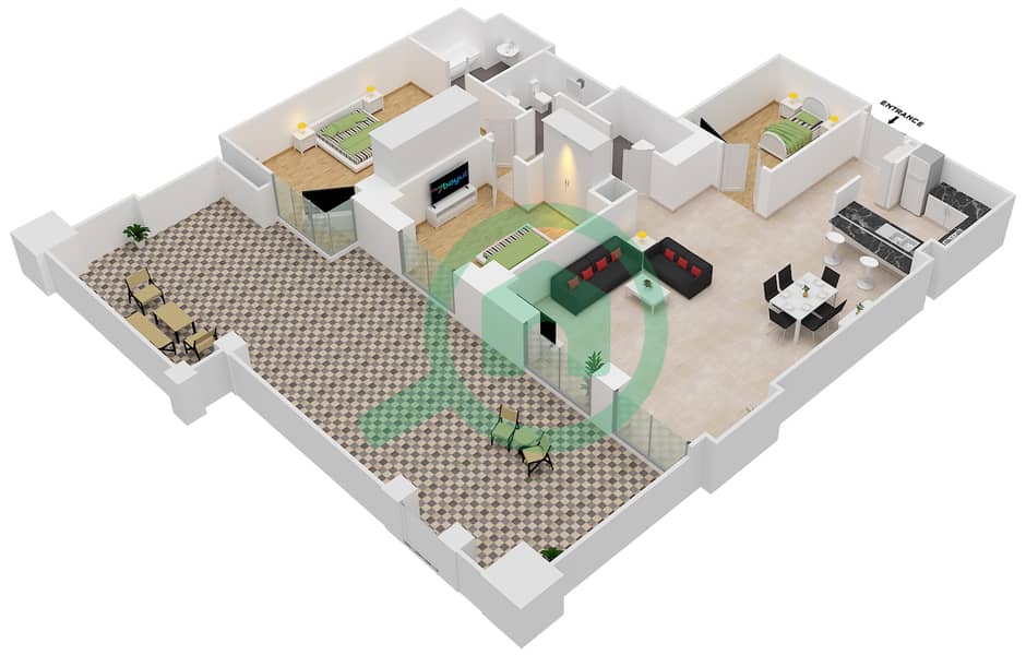 المخططات الطابقية لتصميم الوحدة 2 / GROUND FLOOR شقة 3 غرف نوم - برج العنبر interactive3D
