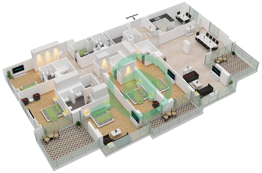 المخططات الطابقية لتصميم الوحدة 1 / FLOOR 12 بنتهاوس 5 غرف نوم - برج العنبر interactive3D