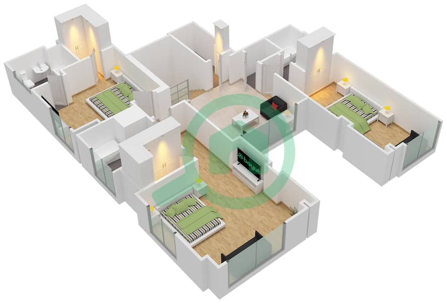 المخططات الطابقية لتصميم الوحدة 1 / DUPLEX بنتهاوس 3 غرف نوم - برج العنبر interactive3D