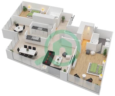 المخططات الطابقية لتصميم التصميم 3 FLOOR 2 شقة 2 غرفة نوم - أبراج ساوث ريدج 1