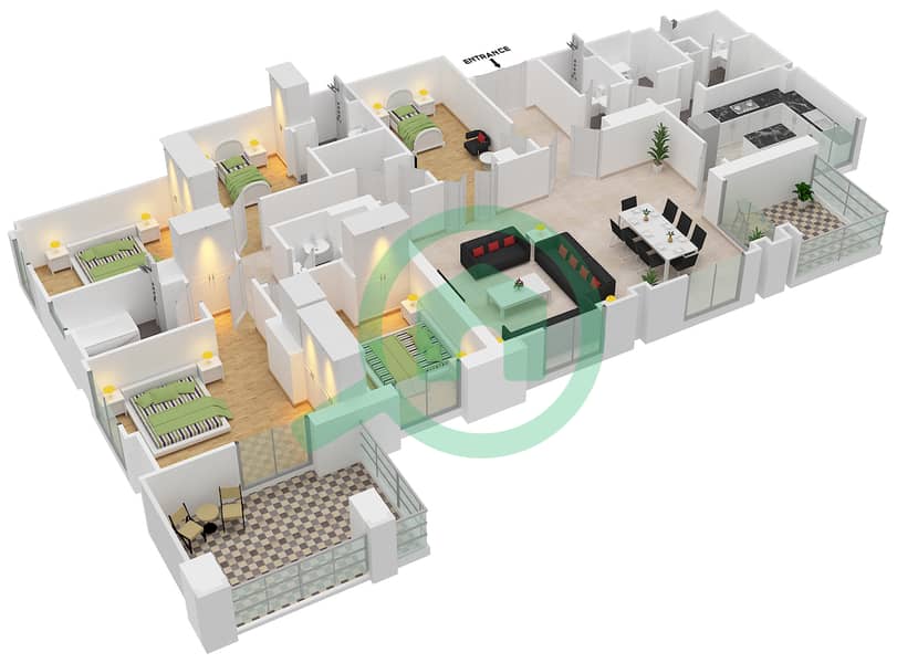 المخططات الطابقية لتصميم الوحدة 2 / FLOOR 13-14 بنتهاوس 5 غرف نوم - برج العنبر interactive3D