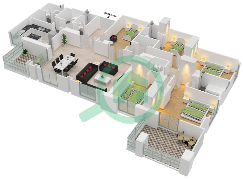 المخططات الطابقية لتصميم الوحدة 3 / FLOOR 13-14 بنتهاوس 5 غرف نوم - برج العنبر interactive3D