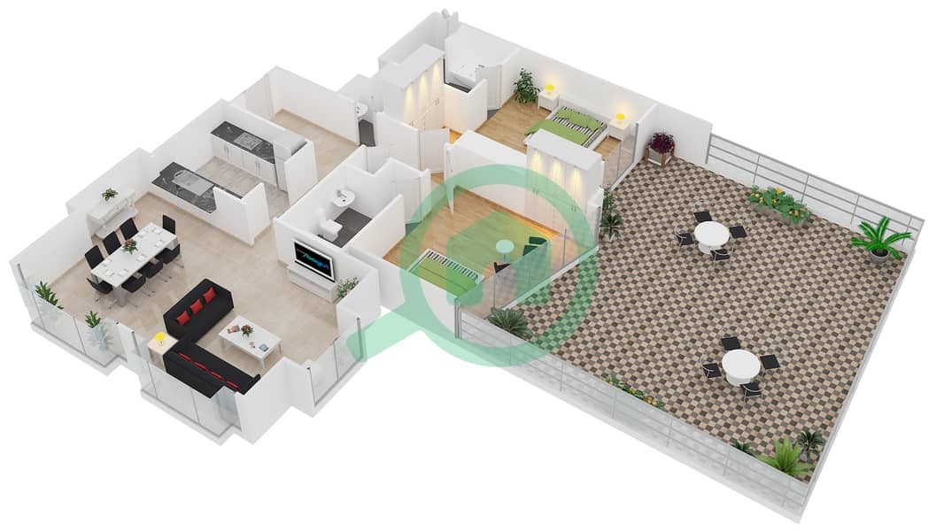 المخططات الطابقية لتصميم التصميم 1 FLOOR 2 شقة 2 غرفة نوم - أبراج ساوث ريدج 1 interactive3D