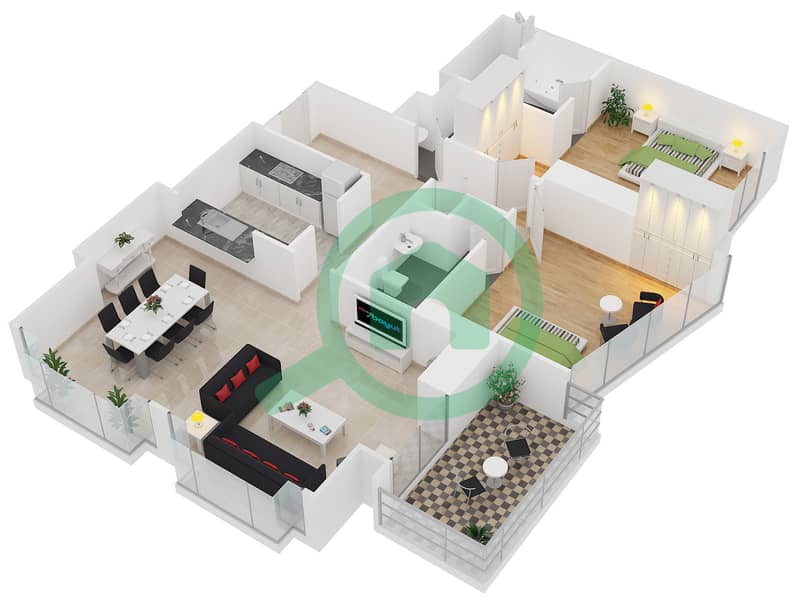 المخططات الطابقية لتصميم التصميم 1 FLOOR 3-38 شقة 2 غرفة نوم - أبراج ساوث ريدج 1 interactive3D
