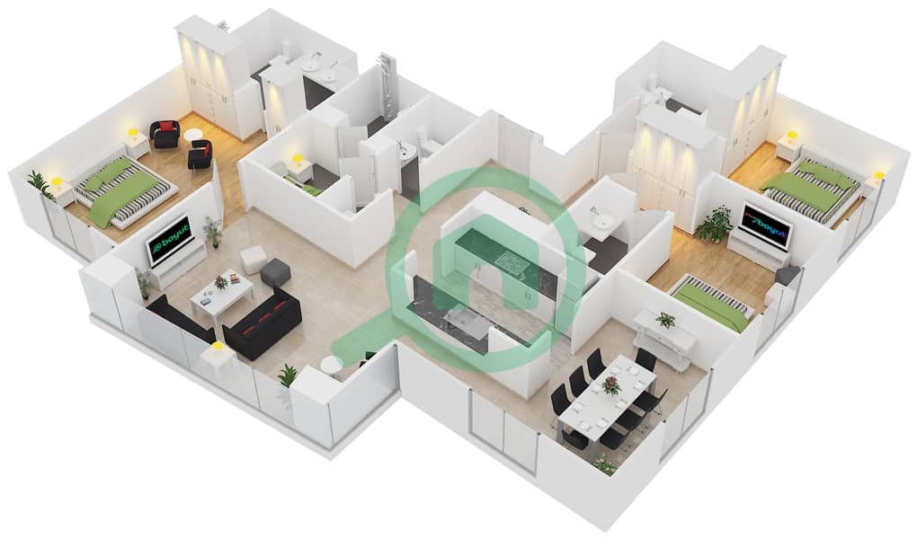 المخططات الطابقية لتصميم التصميم 2 FLOOR 2 شقة 3 غرف نوم - أبراج ساوث ريدج 1 interactive3D