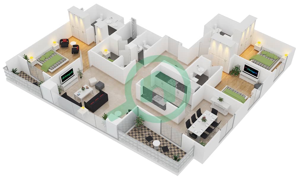 المخططات الطابقية لتصميم التصميم 3 FLOOR 3-37 شقة 3 غرف نوم - أبراج ساوث ريدج 1 interactive3D