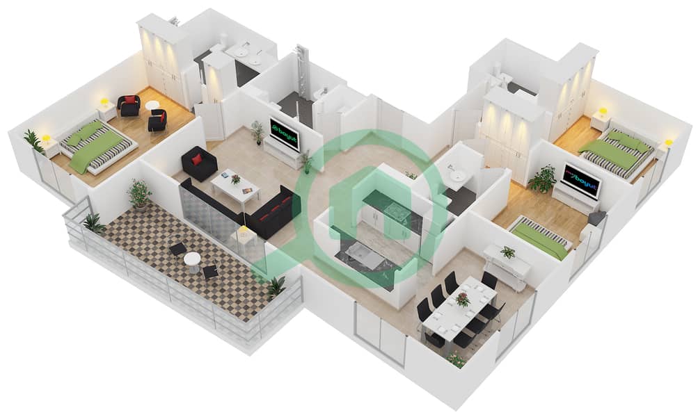 المخططات الطابقية لتصميم التصميم 2 FLOOR 38 شقة 3 غرف نوم - أبراج ساوث ريدج 1 interactive3D