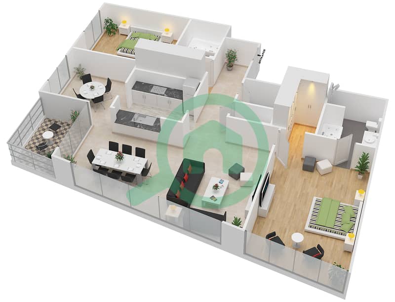 المخططات الطابقية لتصميم التصميم 3 FLOOR 3-37 شقة 2 غرفة نوم - أبراج ساوث ريدج 1 interactive3D