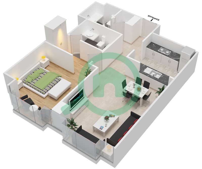 المخططات الطابقية لتصميم التصميم 02 FLOOR 1 شقة 1 غرفة نوم - أبراج ساوث ريدج 3 interactive3D