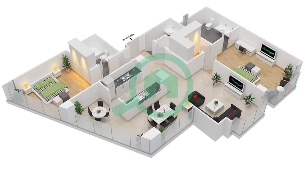 المخططات الطابقية لتصميم التصميم 02 FLOOR 2 شقة 2 غرفة نوم - أبراج ساوث ريدج 3 interactive3D