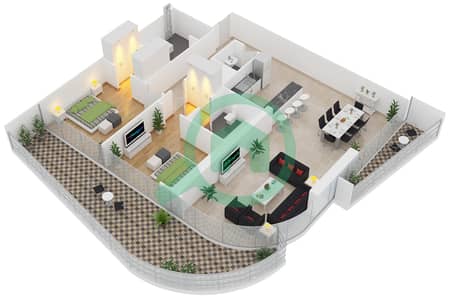 المخططات الطابقية لتصميم الوحدة 2 FLOOR 25-42 شقة 2 غرفة نوم - مرتفعات ار بي