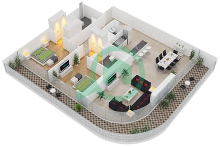 المخططات الطابقية لتصميم الوحدة 2 FLOOR 43 شقة 2 غرفة نوم - مرتفعات ار بي