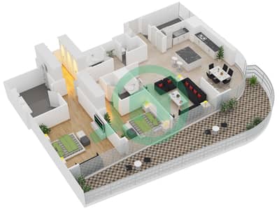 المخططات الطابقية لتصميم الوحدة 1 FLOOR 25-42 شقة 2 غرفة نوم - مرتفعات ار بي