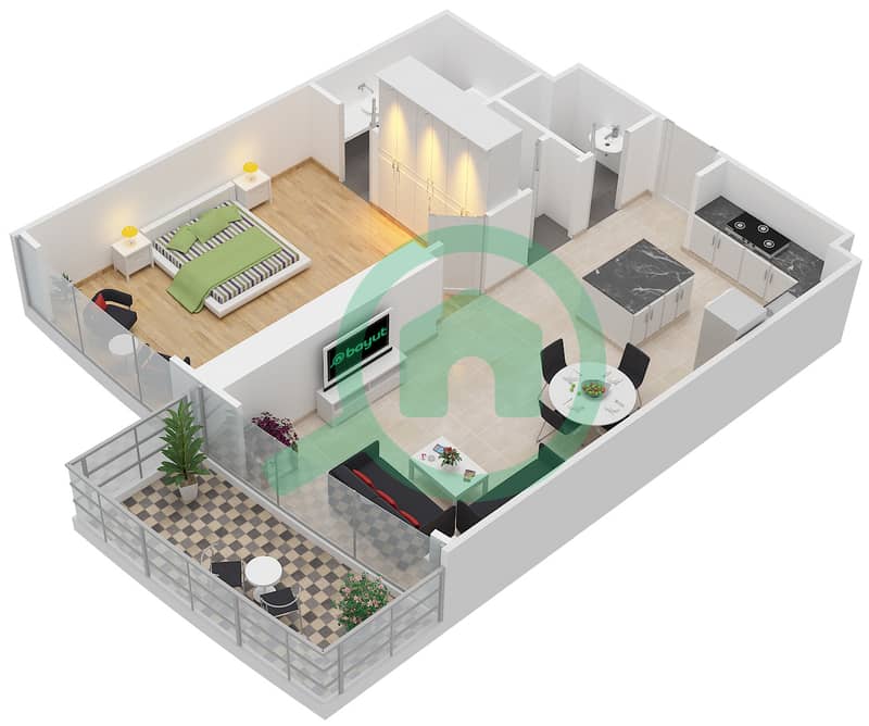帝国大道大厦 - 1 卧室公寓类型／单位1B-A/2,3,7,8,10-13,15戶型图 interactive3D