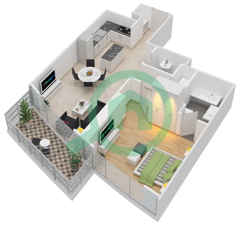 帝国大道大厦 - 1 卧室公寓类型／单位1B-H/5,8,13戶型图 interactive3D