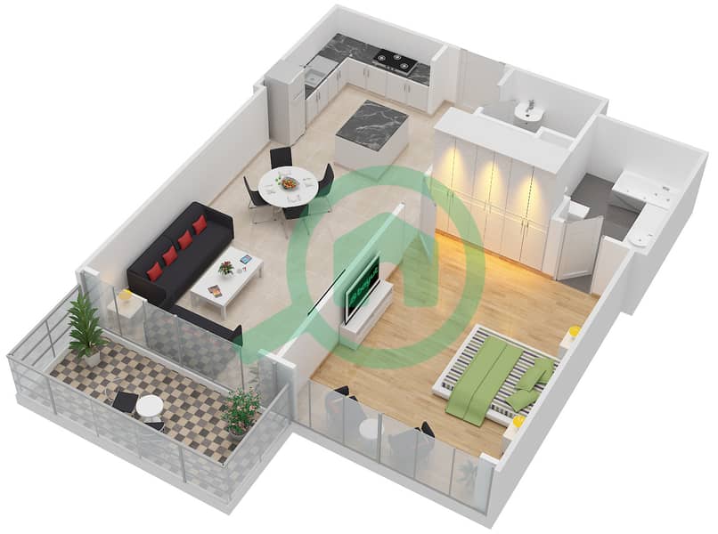 帝国大道大厦 - 1 卧室公寓类型／单位1B-D/6戶型图 interactive3D