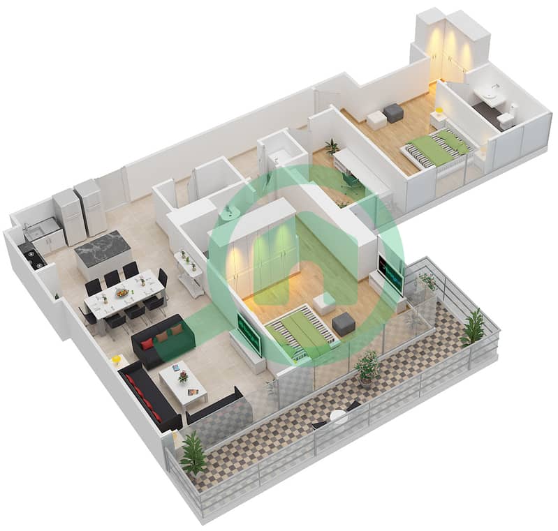 帝国大道大厦 - 2 卧室公寓类型／单位2B-M/4,5戶型图 interactive3D
