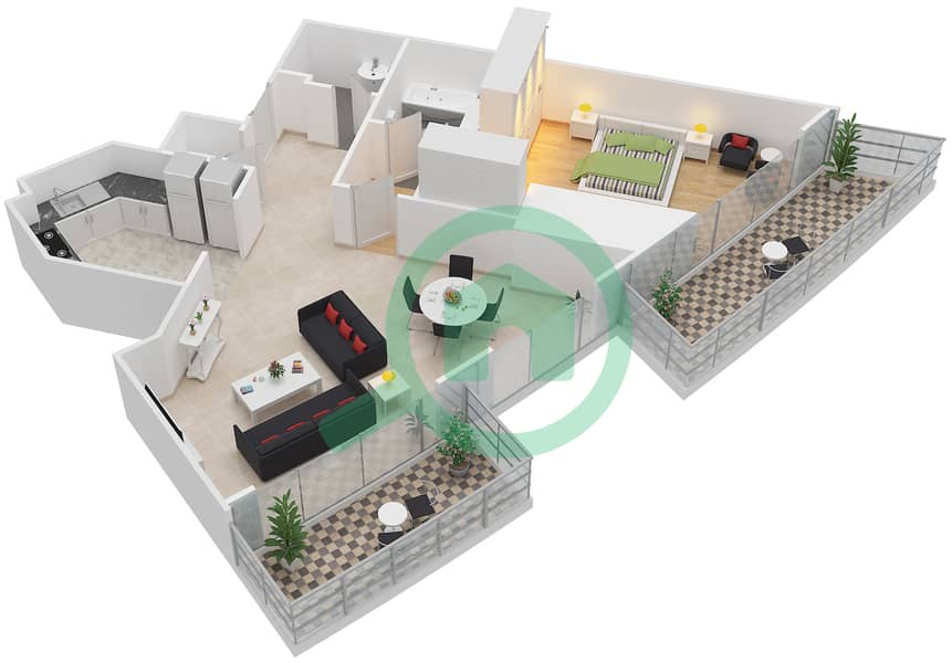 帝国大道大厦 - 1 卧室公寓类型／单位1B-B/4,8戶型图 interactive3D