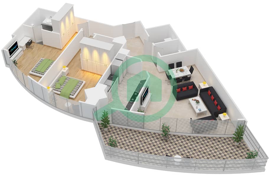 帝国大道大厦 - 2 卧室公寓类型／单位2B-L/3,4戶型图 interactive3D