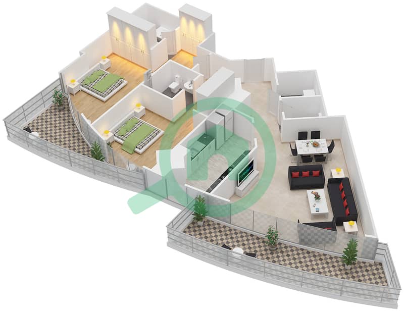 المخططات الطابقية لتصميم النموذج / الوحدة 2B-K/4 شقة 2 غرفة نوم - إمبريال أفينيو interactive3D