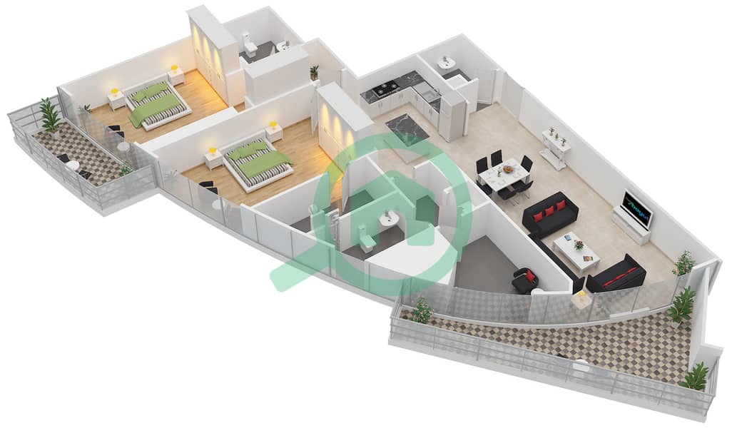 Империал Авеню - Апартамент 2 Cпальни планировка Тип/мера 2B-J/7 interactive3D