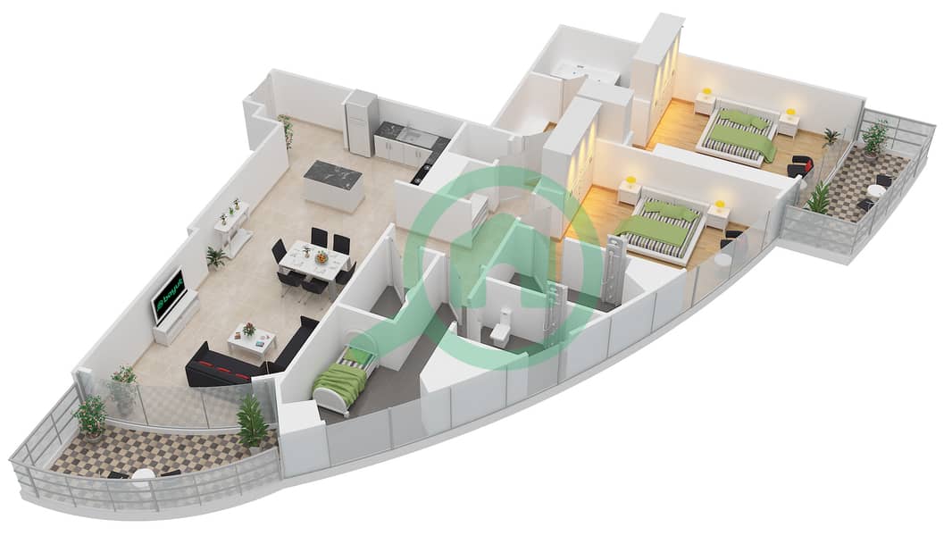 帝国大道大厦 - 2 卧室公寓类型／单位2B-E/1,10,12,14,17,戶型图 interactive3D