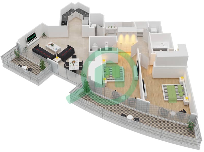 帝国大道大厦 - 2 卧室公寓类型／单位2B-D/4,5,6,8戶型图 interactive3D
