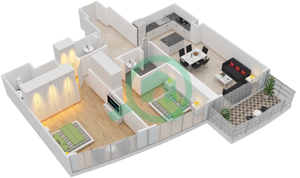 المخططات الطابقية لتصميم النموذج / الوحدة 2B-B/3,4,7,9 شقة 2 غرفة نوم - إمبريال أفينيو interactive3D