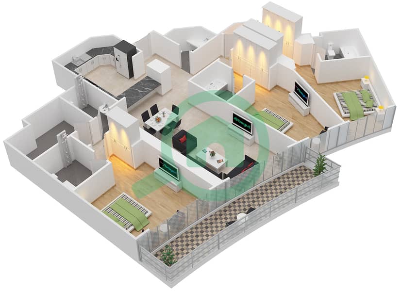 帝国大道大厦 - 3 卧室公寓类型／单位3B-H/5戶型图 interactive3D