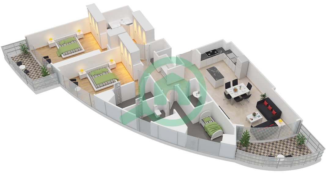 帝国大道大厦 - 2 卧室公寓类型／单位2B-A/1,2,9,11,13,16戶型图 interactive3D