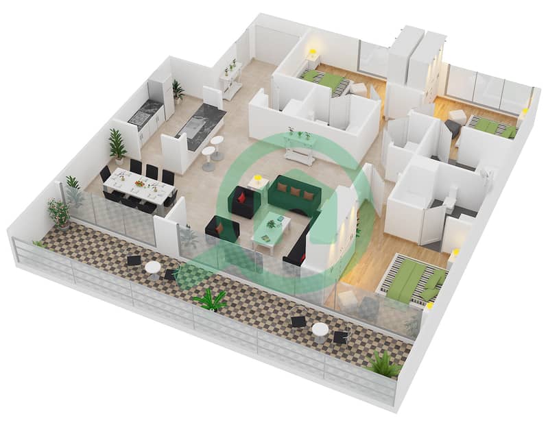 Аль Маджара 3 - Апартамент 3 Cпальни планировка Гарнитур, анфилиада комнат, апартаменты, подходящий 03 / FLOOR 9 Floor-9 image3D