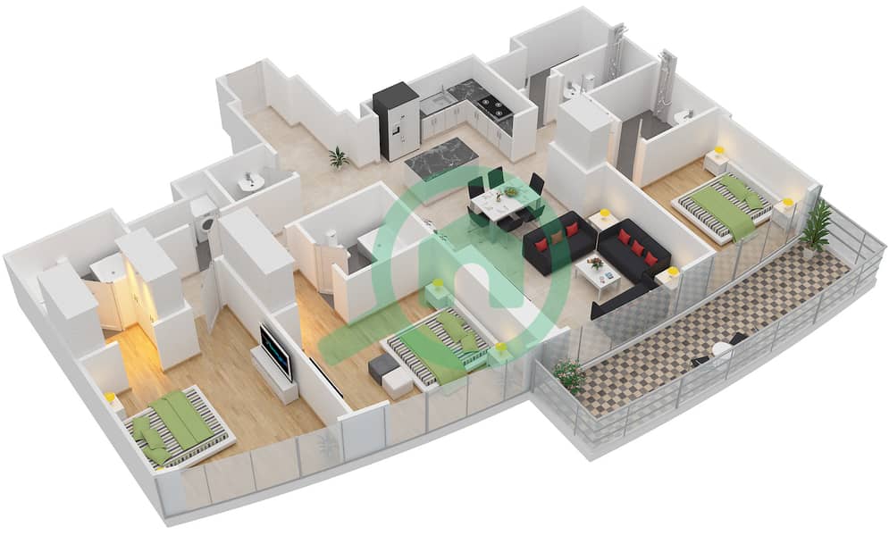 帝国大道大厦 - 3 卧室公寓类型／单位3B-G/2,3戶型图 interactive3D