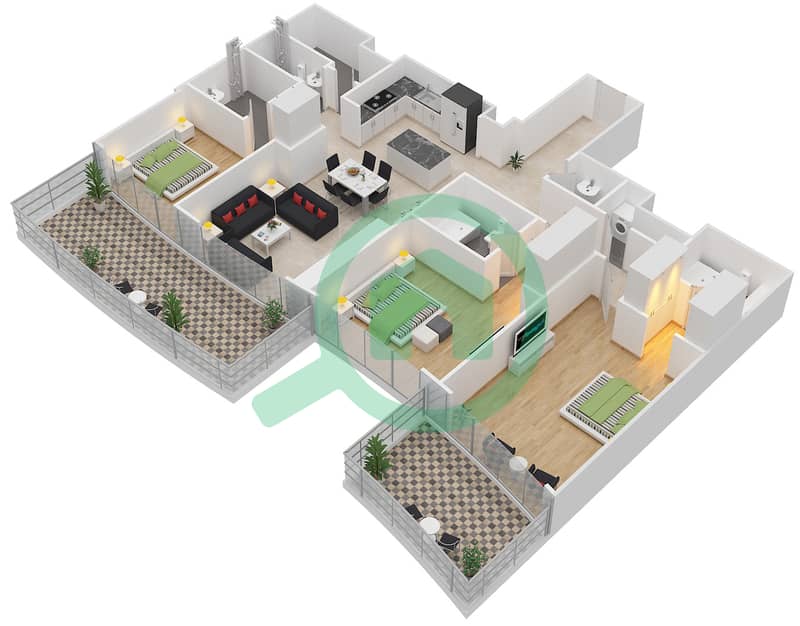 Империал Авеню - Апартамент 3 Cпальни планировка Тип/мера 3B-G-L/8 interactive3D