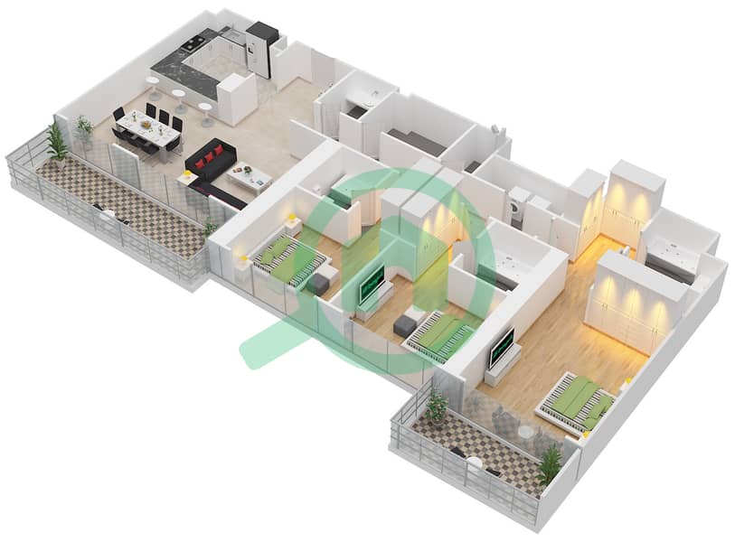 帝国大道大厦 - 3 卧室公寓类型／单位3B-E/6戶型图 interactive3D