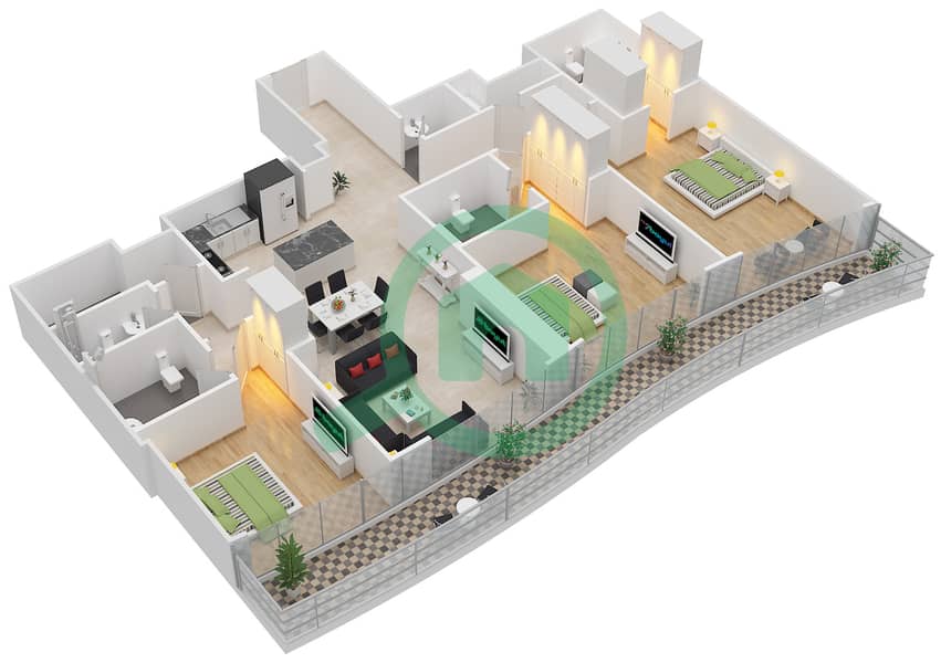 帝国大道大厦 - 3 卧室公寓类型／单位3B-D/5,6戶型图 interactive3D