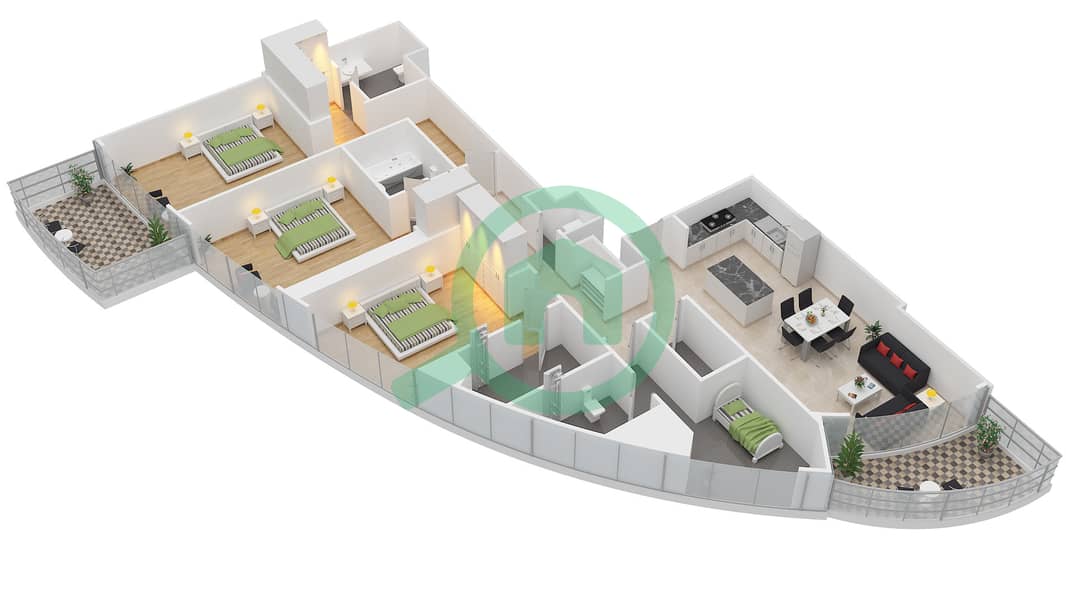 帝国大道大厦 - 3 卧室公寓类型／单位3B-C/2戶型图 interactive3D