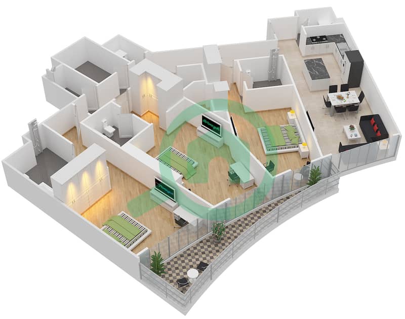 帝国大道大厦 - 3 卧室公寓类型／单位3B-A/13,15戶型图 interactive3D