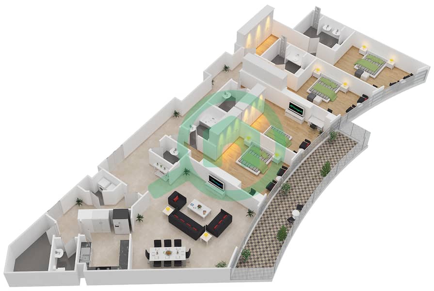 帝国大道大厦 - 4 卧室公寓类型／单位4B-D/7戶型图 interactive3D