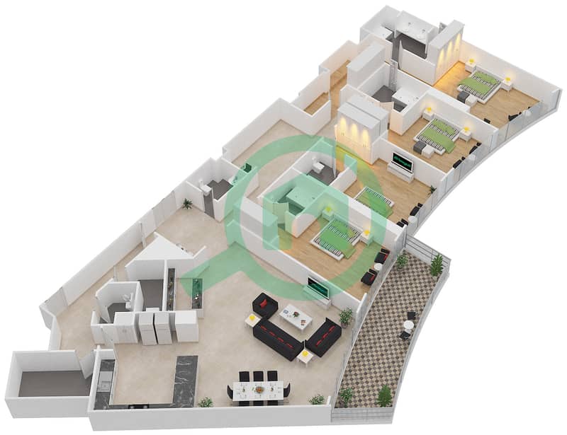 帝国大道大厦 - 4 卧室公寓类型／单位4B-A/7戶型图 interactive3D